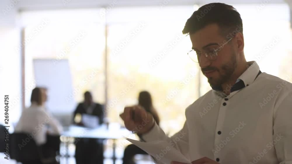 Stressed anxious businessman speaker feel nervous afraid before speech