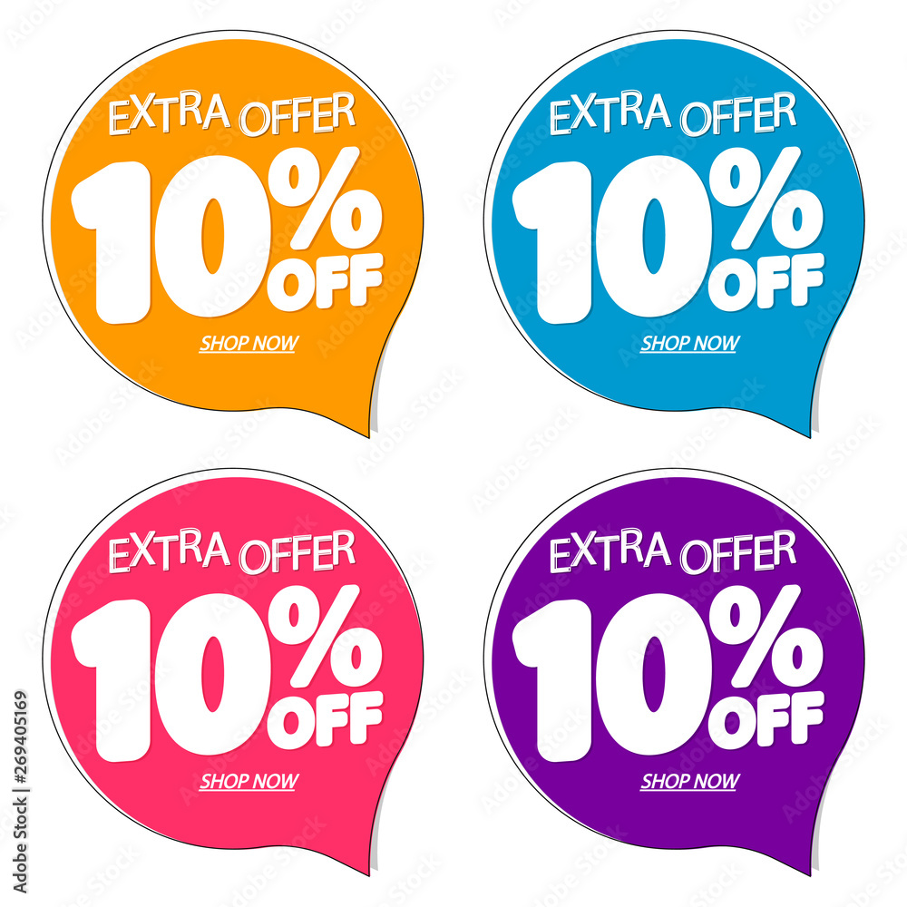 Set Sale speech bubble banners, discount 10% off, promotion tags design template, app icons, extra offer, vector illustration Set Sale speech bubble banners, discount 10% off, promotion tags design template, app icons, extra offer, vector illustration