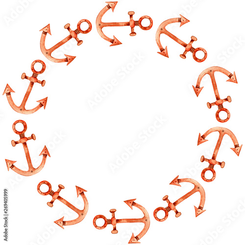 The watercolor sea round frame from anchors on a white background. Summer illustration. Isolated.