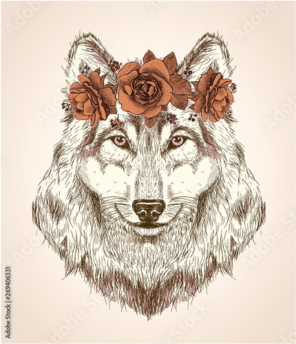 Vector sketch portrait of she-wolf with flower headband on her head