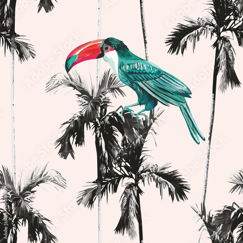 Fototapeta Naklejka Na Ścianę i Meble -  palm trees and toucan seamless background