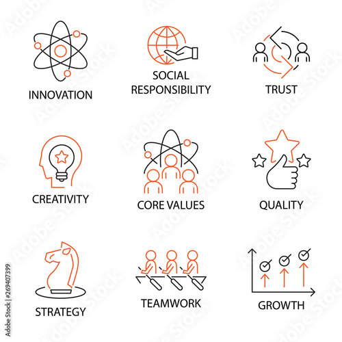 Modern Flat thin line Icon Set in Concept of Business Core Values with word Innovation,Social Responsibility,Trus,Creativity,Corevalue,Quality,Strategy,Teamwork,Growth. Editable Stroke