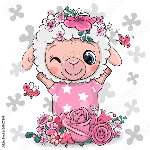 Greeting card  Sheep with flowers on a white background