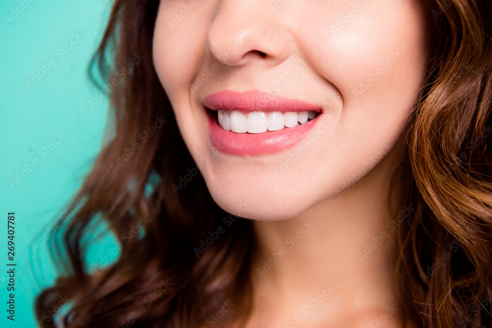 Cropped close-up view portrait of her she nice shine adorable perfect healthy white cheerful cheery wavy-haired girl every day hygiene isolated over bright vivid shine blue background Cropped close-up view portrait of her she nice shine adorable perfect healthy white cheerful cheery wavy-haired girl every day hygiene isolated over bright vivid shine blue background