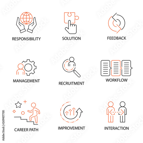 Modern thin line Icon Set in Concept of Business and Human Management with word Responsibility,Solution,Feedback,Management,Recruitment,Workflow,Career Path,Improvement,Interaction. Editable Stroke.