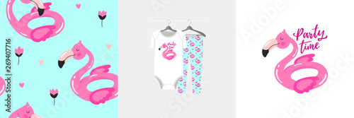 Seamless pattern and illustration for kid with flamingo and quote Party time. Cute design pajamas on hanger. Baby background for clothes, room birthday decor, t-shirt print, kids wear fashion