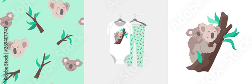 Seamless pattern and illustration for kid with mother and baby koala. Cute design on pajamas mockup. Sweet background for clothes wear, room decor, t-shirt, baby shower invitation, wrapping