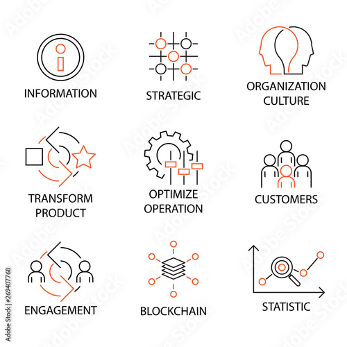 Modern line Icon Set in Concept of Digital Transformation with word Information,Strategic,Organization Culture,Transform Product,Optimize Operation,Customers,Engagement,Blockchain. Editable Stroke