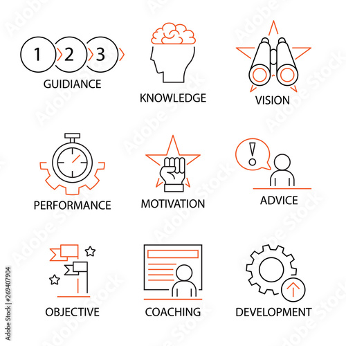 Modern Flat thin line Icon Set in Concept of Mentoring and Coaching with word Guidiance,Knowledge,Vision,Performance,Motivation,Advice,Objective,Coaching,Development. Editable Stroke