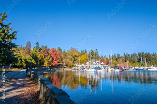 Stanley Park and seawall in Vancouver, Canada. It is largest urban park with beaches, trails, scenic seawall. It's a top attraction for tourist in Vancouver, British Columbia