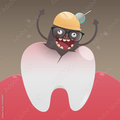 The bad monster is digging and damaging the tooth, A toothache is caused by tooth decay, Cartoon vector, Concept with tooth health
