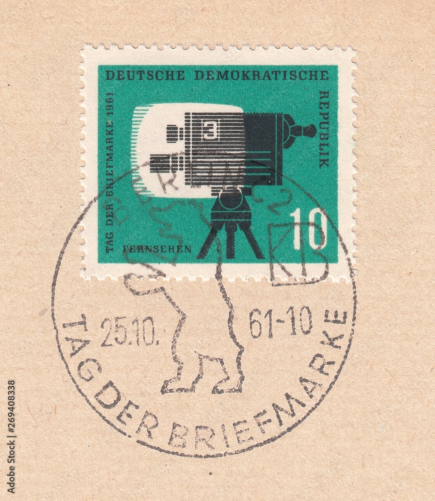 Fototapeta premium Television camera, Stamp Day. Postmark Berlin,stamp Germany circa 1961