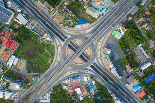 Aerial view of highway junctions Top view of Urban city, Bangkok, Thailand.