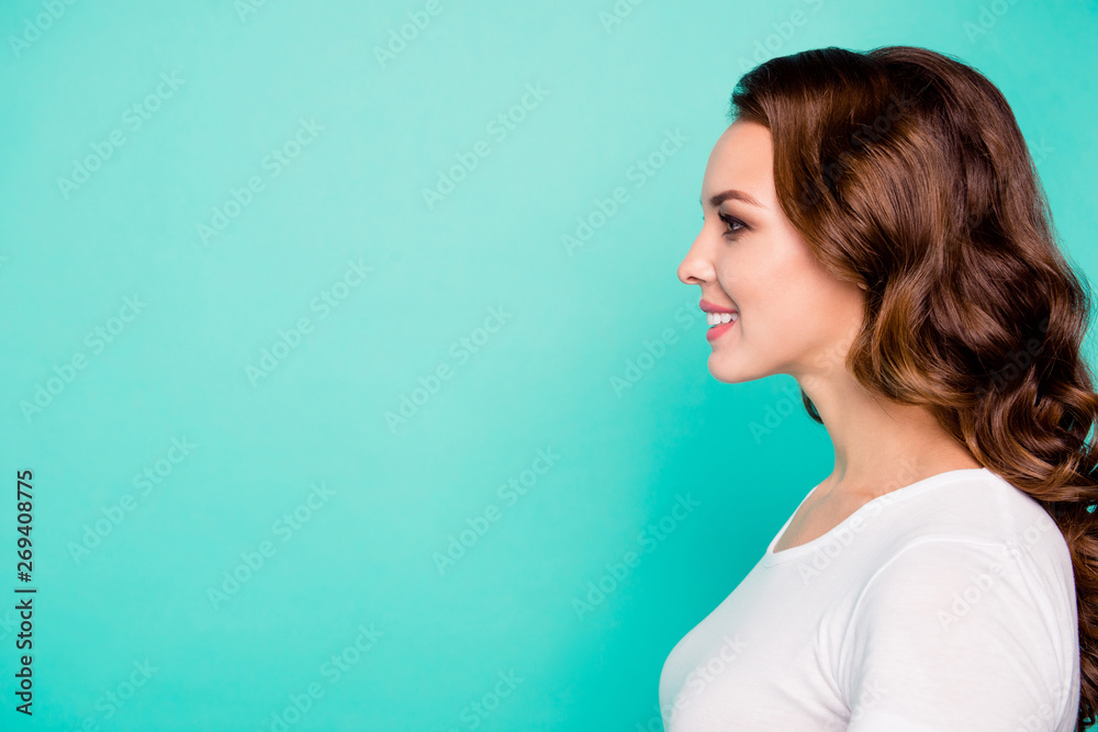 Fototapeta premium Close-up profile side view portrait of her she nice-looking sweet perfect feminine cheerful cheery wavy-haired girl isolated over bright vivid shine blue background