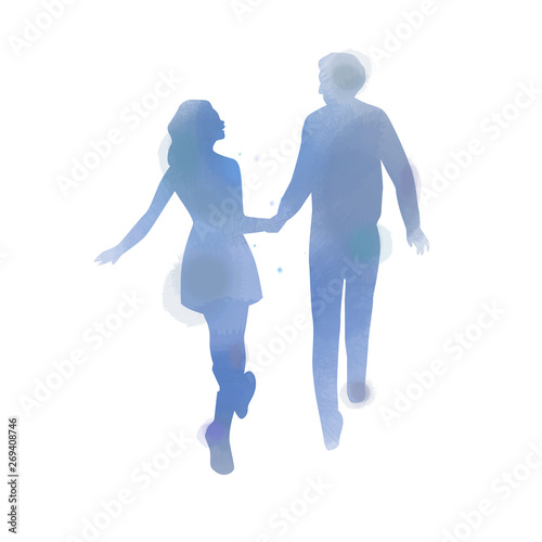 Young couple in love silhouette plus abstract watercolor. Valentine's day concept. Digital art painting.