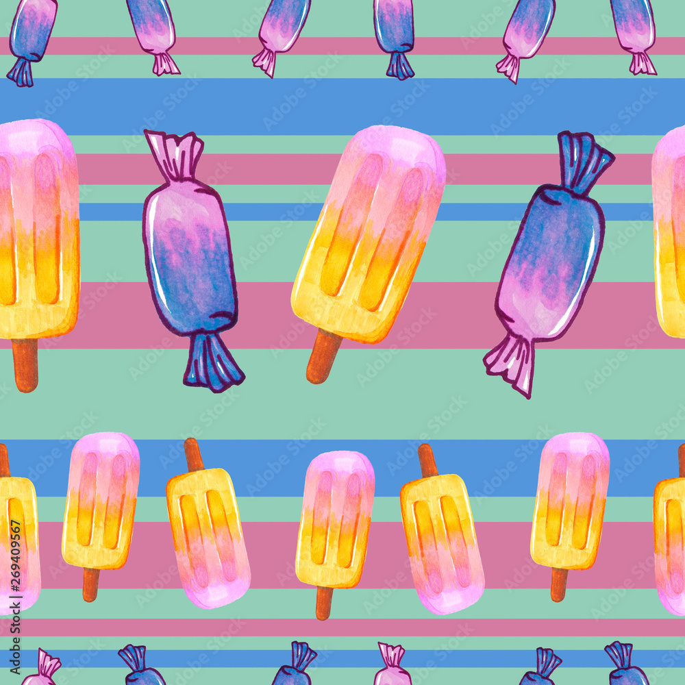 Hand drawn ice cream with candy sweets painting - seamless pattern on blue with pink lines background Hand drawn ice cream with candy sweets painting - seamless pattern on blue with pink lines background