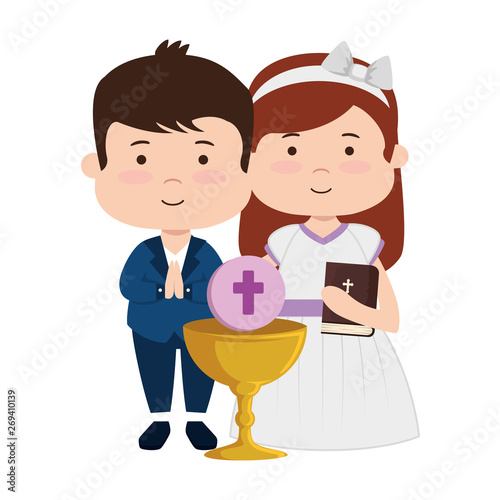 little kids with chalice and bible first communion