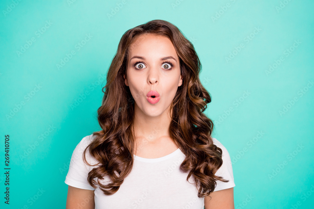 Close-up portrait of her she nice-looking attractive lovely sweet gorgeous lovable winsome amazed wavy-haired lady pouted lips isolated on bright vivid shine blue background Close-up portrait of her she nice-looking attractive lovely sweet gorgeous lovable winsome amazed wavy-haired lady pouted lips isolated on bright vivid shine blue background