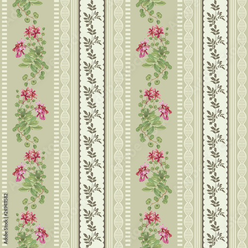 Tropical flowers and leaves and vertical border of twigs with leaves. Seamless pattern