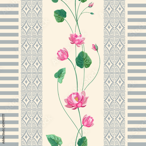Pink Lotus flower and vertical border of elements of boho style.Seamless pattern