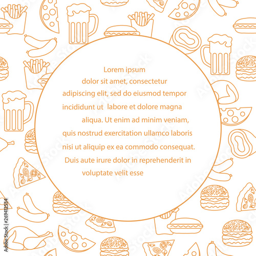Beer, different types of food and fast food.