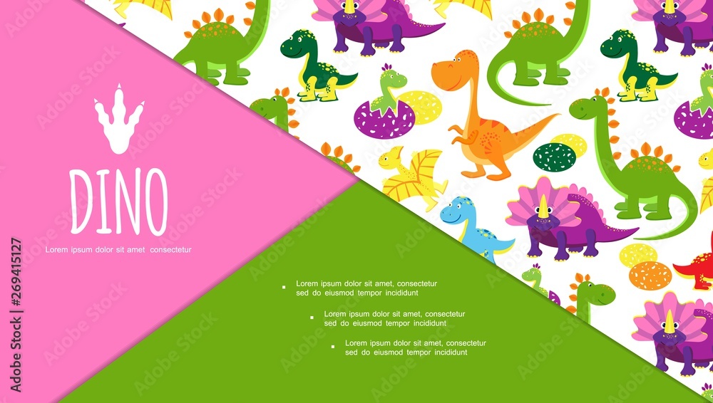 Flat Cute Funny Dinosaurs Composition