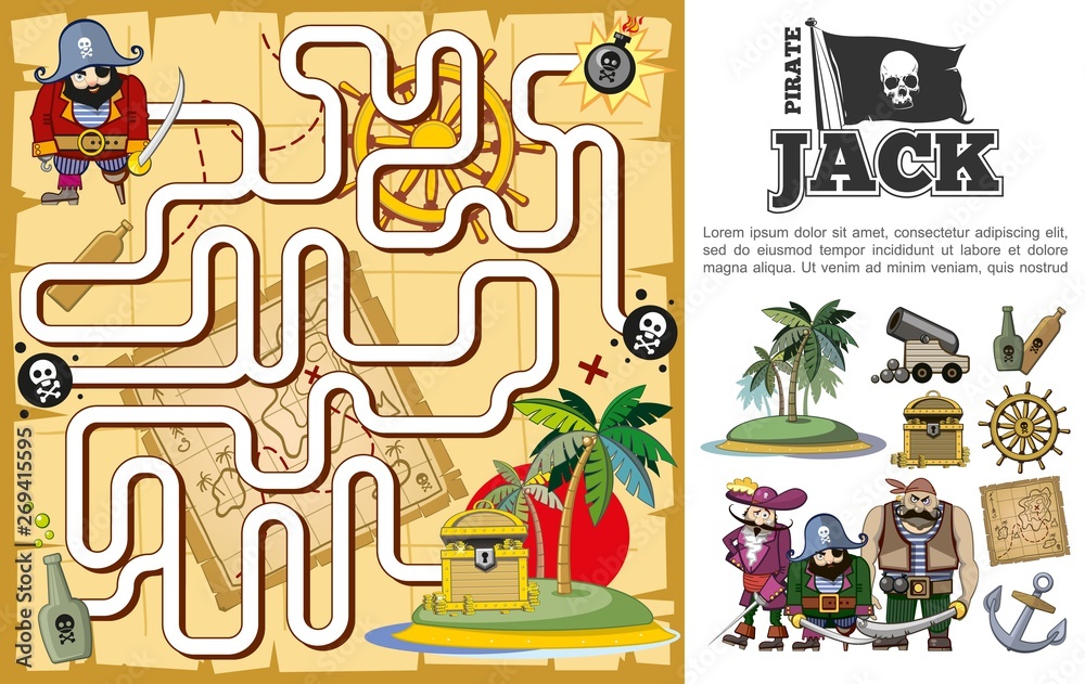 Cartoon Pirate Treasure Hunt Maze Concept