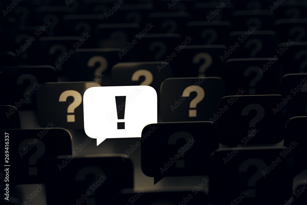 Fototapeta premium Luminous speech bubble with exclamation mark among dark ones with question marks