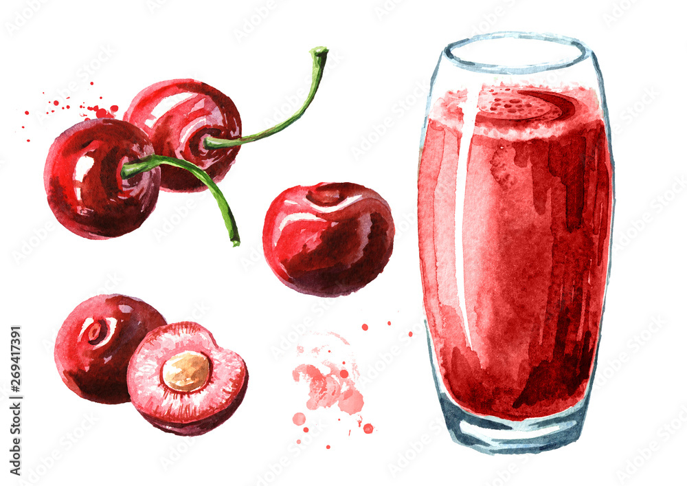 Naklejka Glass of cherry Juice and fresh ripe berries set. Watercolor hand drawn illustration, isolated on white background