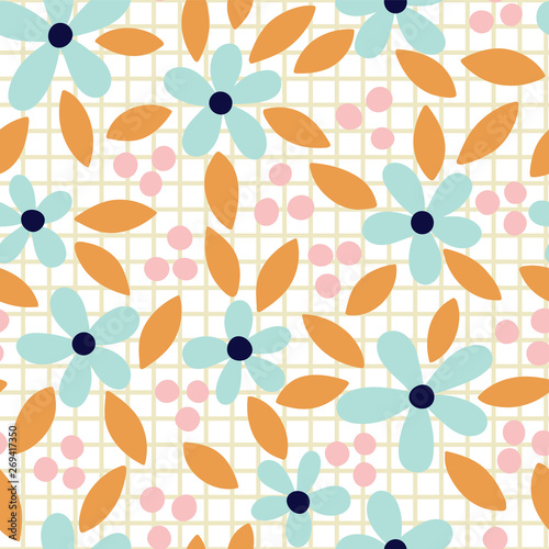 Vector hand drawn floral seamless pattern on grid background.