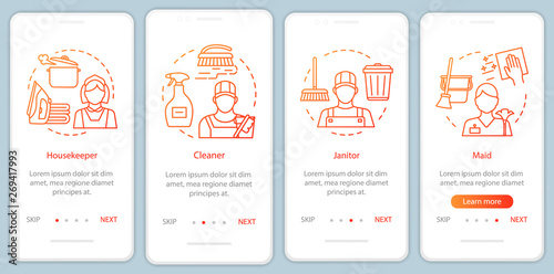 Cleaning agency staff onboarding mobile app page screen, linear concepts