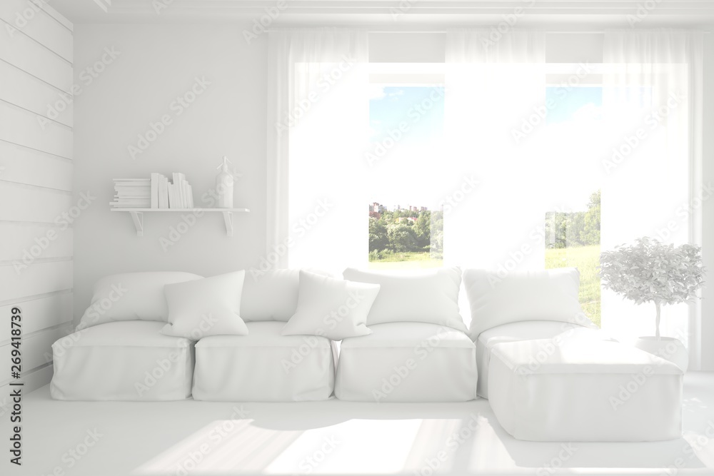 Mock up of stylish room in white color with sofa and green landscape in window. Scandinavian interior design. 3D illustration Mock up of stylish room in white color with sofa and green landscape in window. Scandinavian interior design. 3D illustration