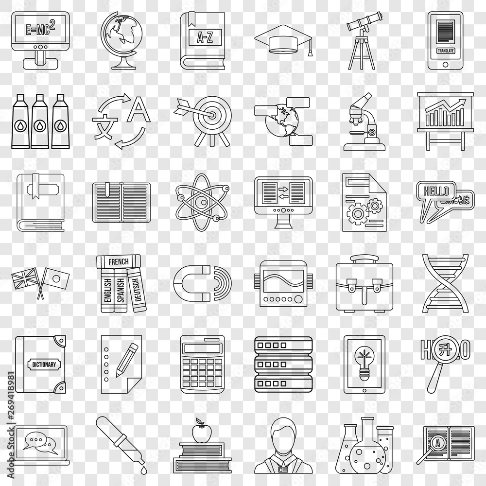 Dictionary icons set. Outline style of 36 dictionary vector icons for web for any design Dictionary icons set. Outline style of 36 dictionary vector icons for web for any design