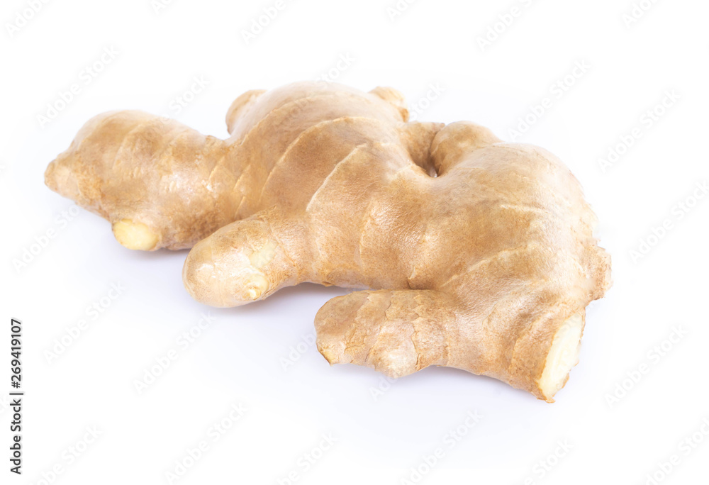 Fresh ginger root with sliced islolated on white background for herb and medical product concept Fresh ginger root with sliced islolated on white background for herb and medical product concept