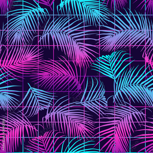 Seamless pattern with palm leaves. Tropical vibes design. Futuristic digital vector wallpaper. Vaporwave, cyberpunk aesthetics. © InnaPoka