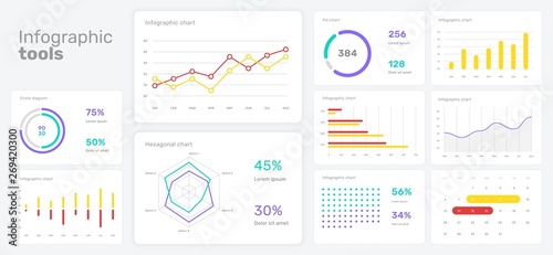 Elements of infographics on a white background. Use in presentation templates, flyer and leaflet, corporate report. Dashboard template with big data visualization.