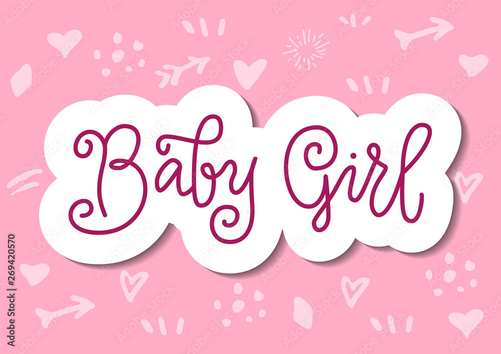Modern calligraphy lettering of Baby Girl in pink with white outline in paper cut style on pink background Modern calligraphy lettering of Baby Girl in pink with white outline in paper cut style on pink background