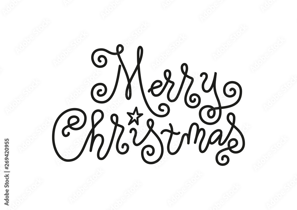 Modern mono line calligraphy lettering of Merry Christmas in black decorated with star isolated on white