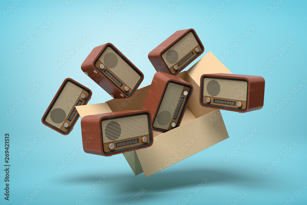 Fototapeta premium 3d rendering of cardboard box full of old-fashioned radios in mid-air on light-blue background.