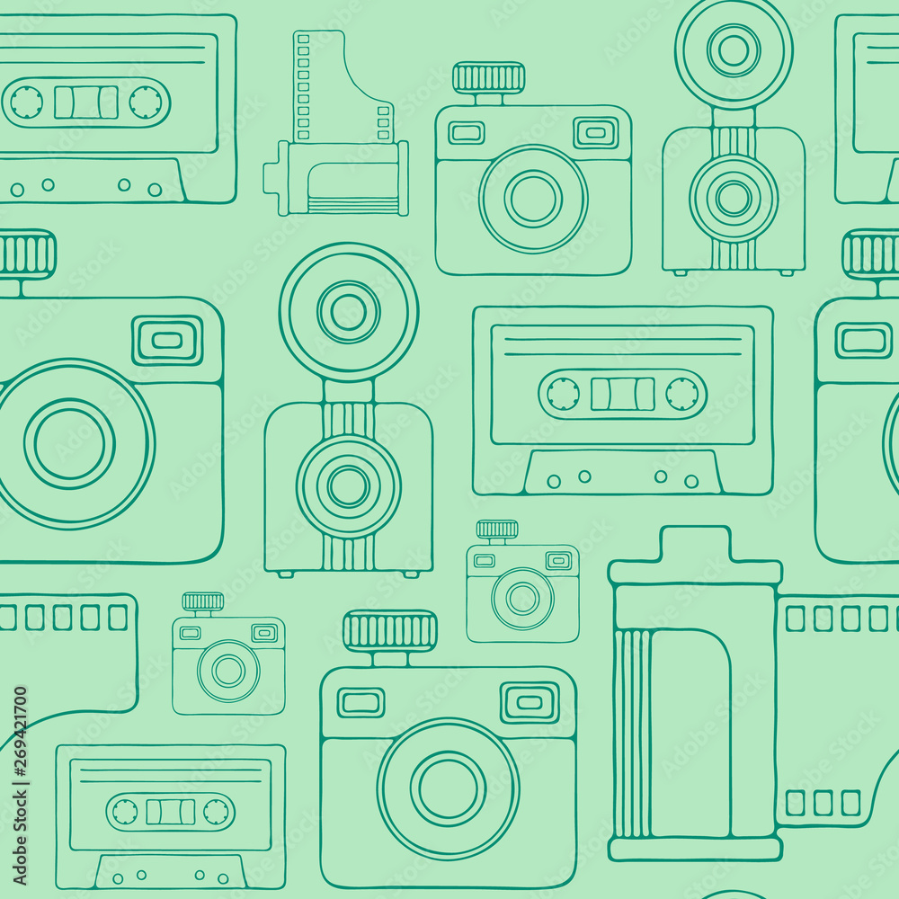 Retro cameras and audio cassettes hand drawn line art style seamless pattern.