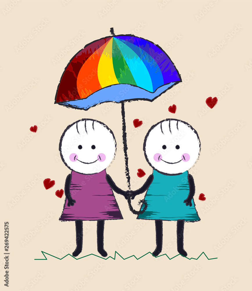 children's drawing style image, two girls hold hands under the rainbow colors umbrella. children's drawing style image, two girls hold hands under the rainbow colors umbrella.