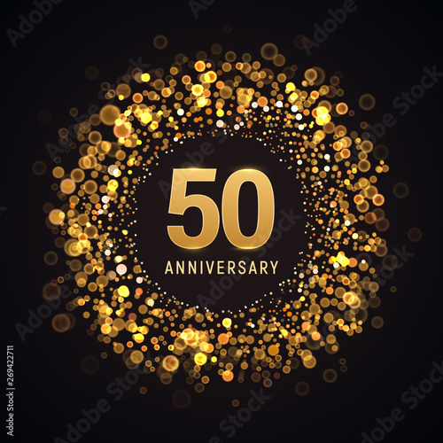 50 years anniversary isolated vector design element. Fifty birthday logo with blurred light effect on dark background