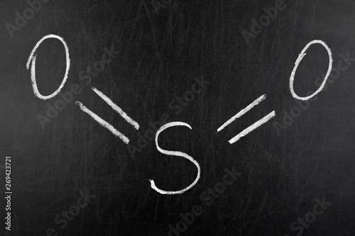Sulfur dioxide food preservative molecule (E220). Chalk on blackboard style illustration.
