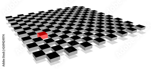 Red cube standing out from crowd of plenty identical fellows on 3d checkerboard plane. Leadership, uniqueness, independence, initiative, strategy, dissent, think different, business success concept.