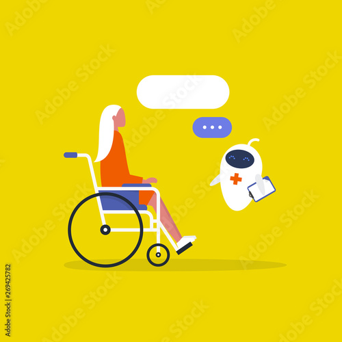 Modern health care. New technologies. Young disabled female character sitting in a wheelchair. Disability. Cute white doctor robot. Flat editable vector illustration, clip art