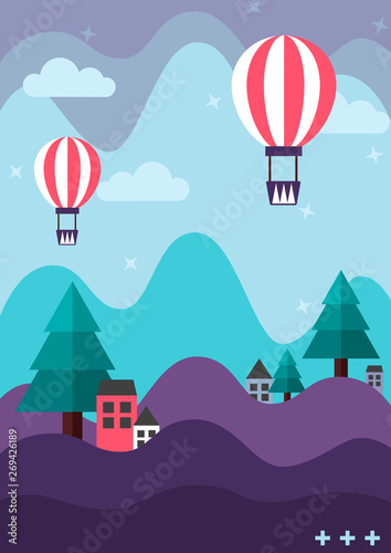 Purple mountain and turquoise green pine tree with houses and cute balloons floating in the pastel blue sky © Billy