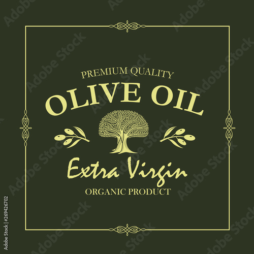 label for extra virgin olive oil with decorative olive tree