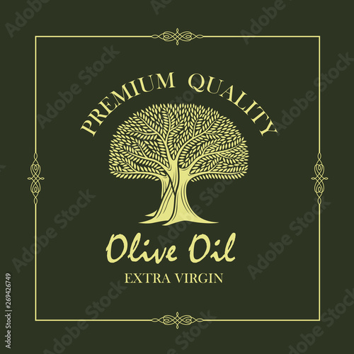 label for extra virgin olive oil with decorative olive tree
