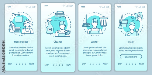 Cleaning agency staff onboarding mobile app page screen, linear concepts