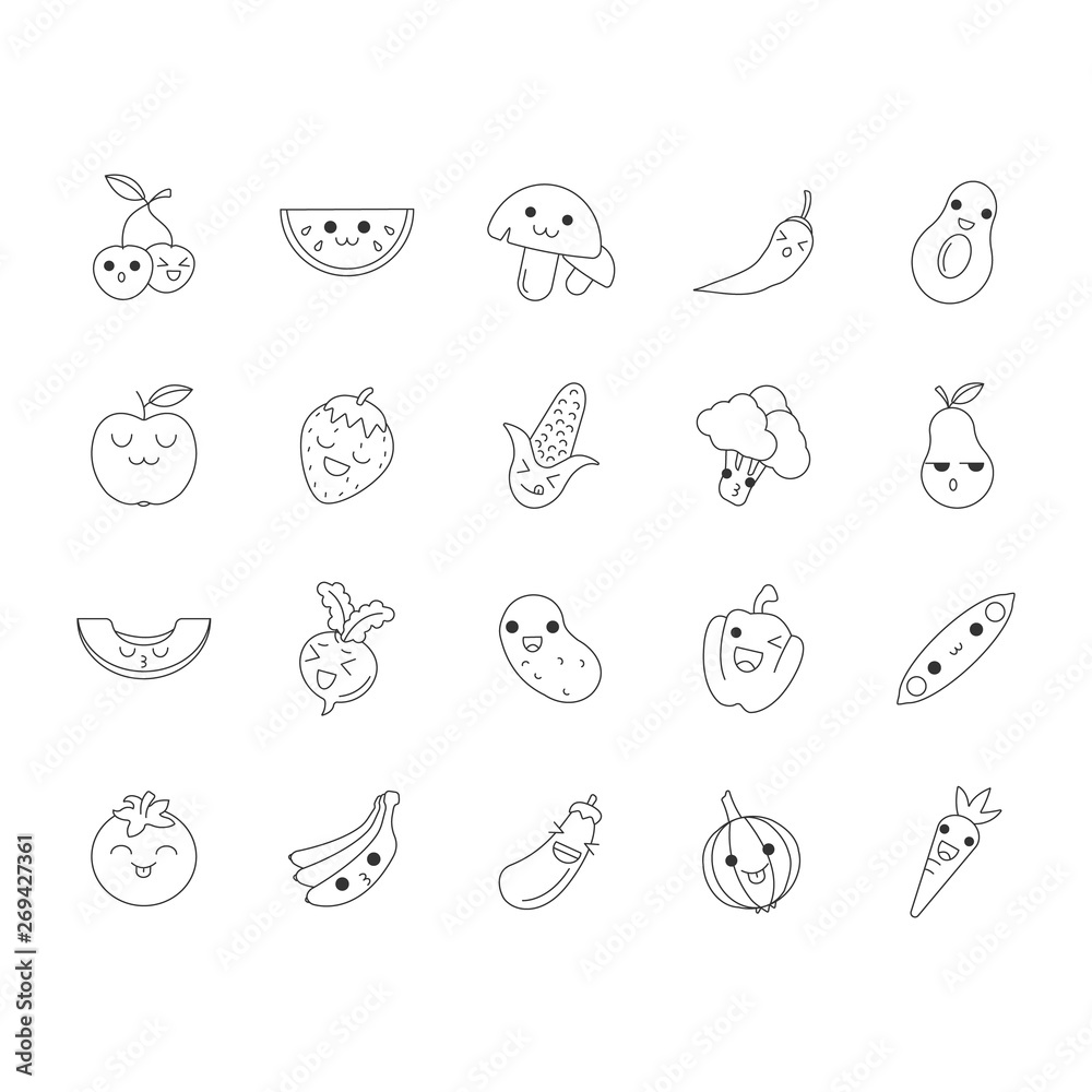 Vegetables and fruits cute kawaii linear characters